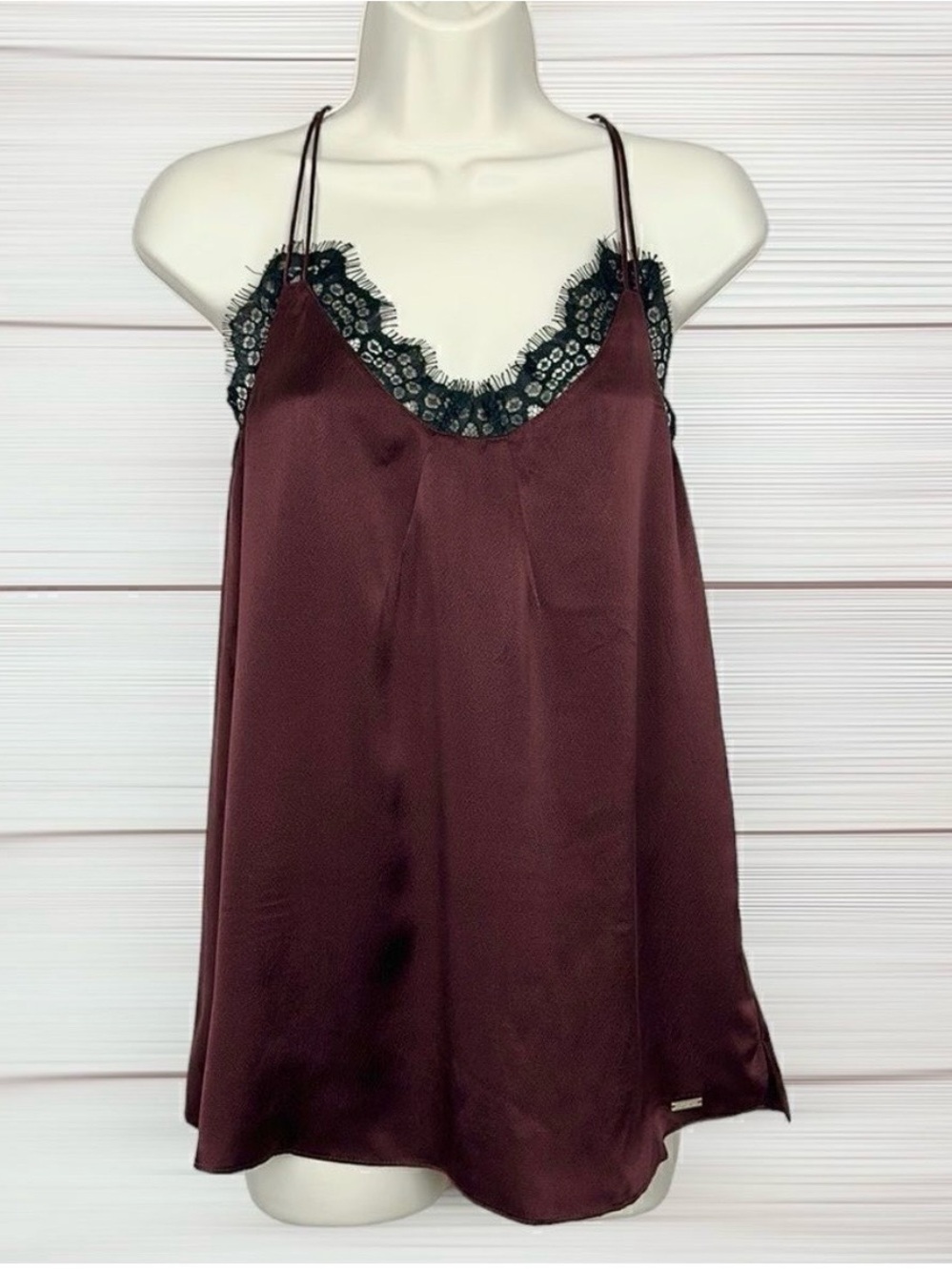 Armani Exchange Wine Satin Camisole with Black Lace Trim